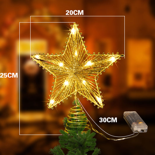 20x25cm Glitter Gold Metal Christmas Tree Topper Star with 10 Warm White LED Lights – Elegant Holiday Decoration